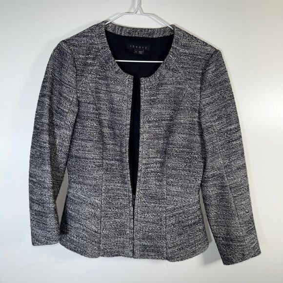 Theory Jondi Size 6 Tweed Knit Jacket Gray Black Open Front Work Blazer Peplum - Picture 2 of 10
